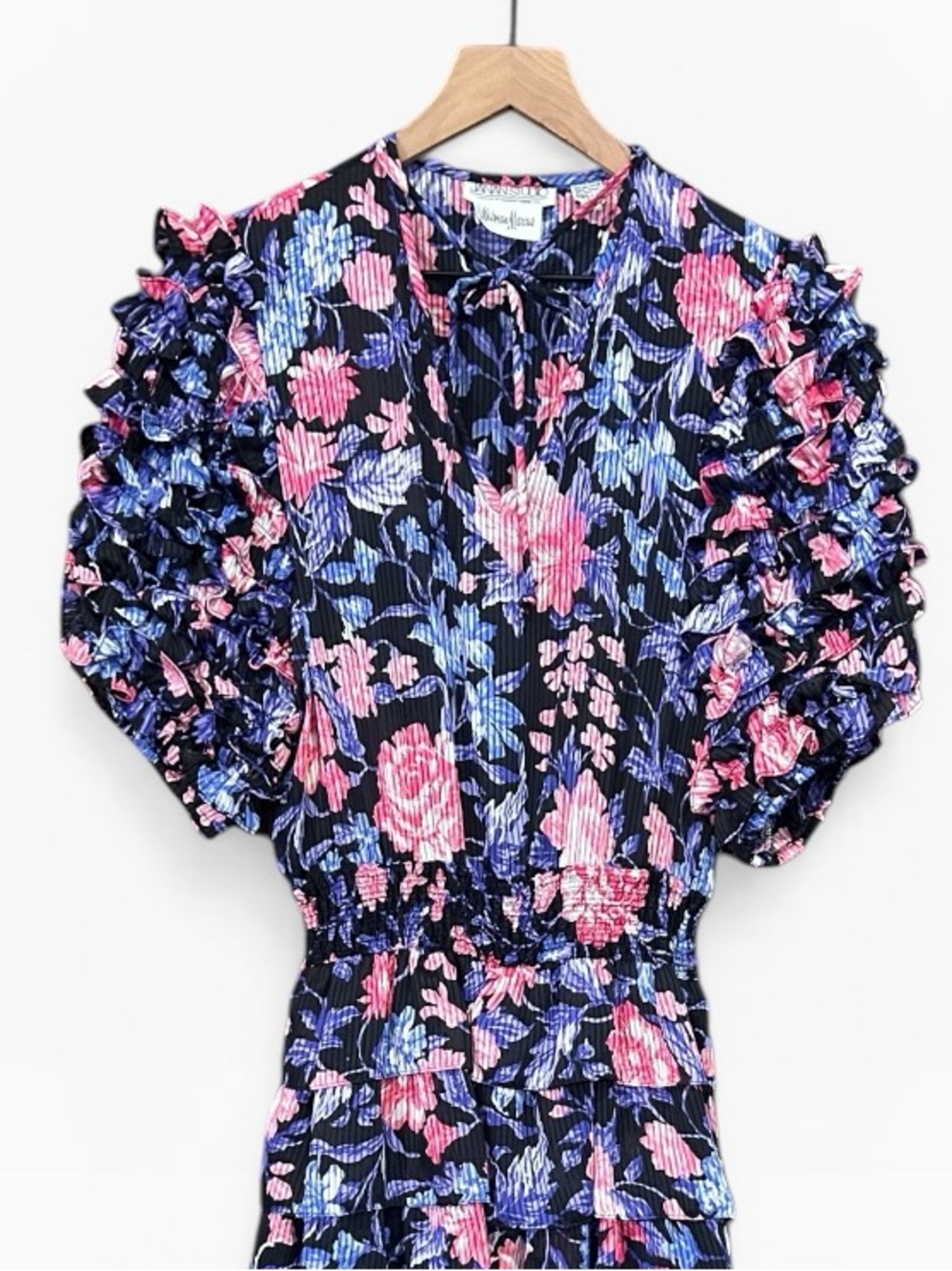 Vintage Neiman Marcus Janan Studio Floral Ruffle Sleeves Tiered Skirt Dress - Picture 7 of 11